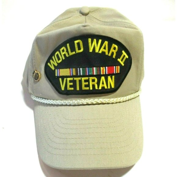 VETERAN HAT WWII CAP RIBBONS WORLD WAR TWO Tan baseball Mens hat - Picture 1 of 2